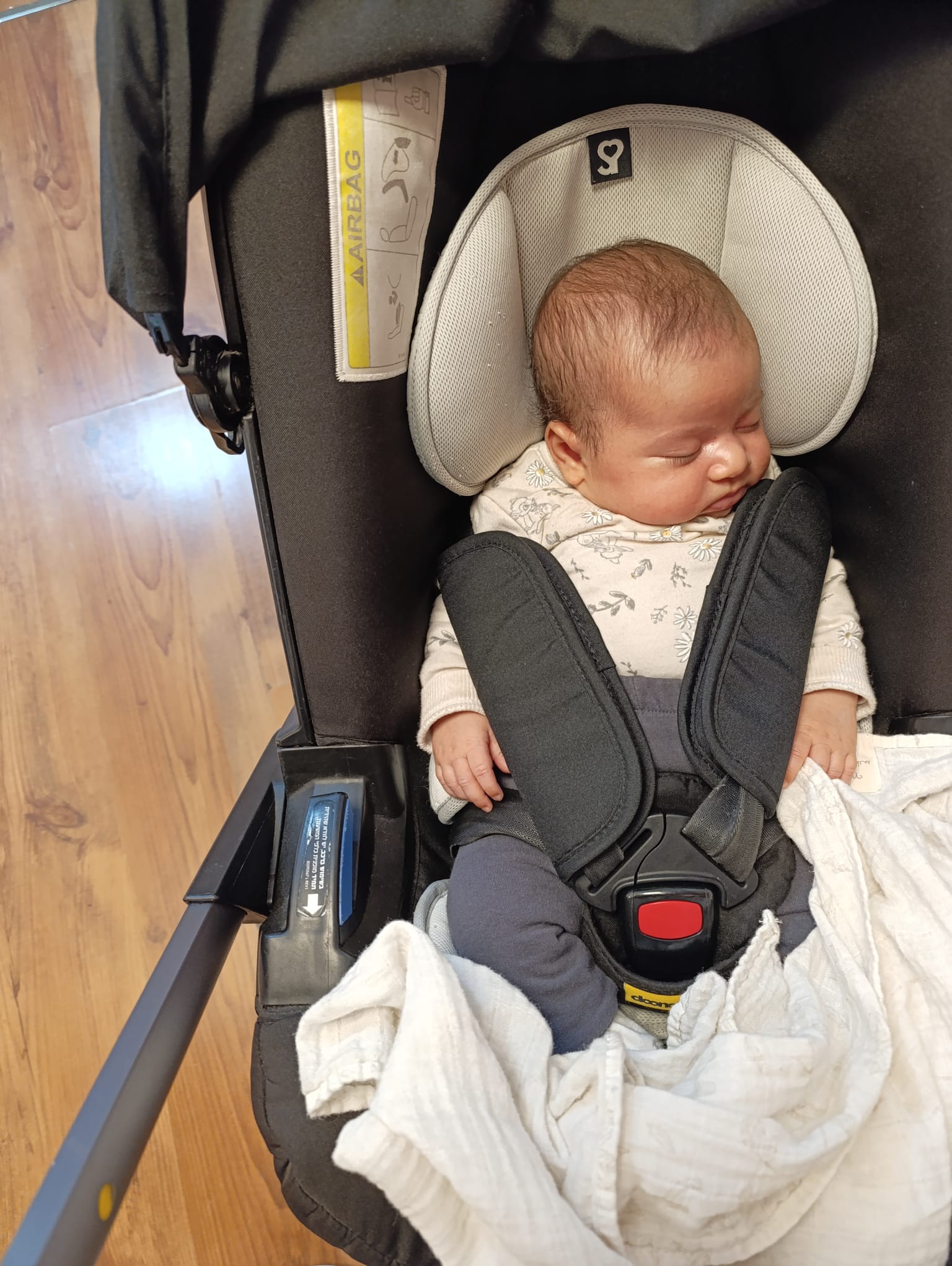 young baby girl in a car seat stroller
