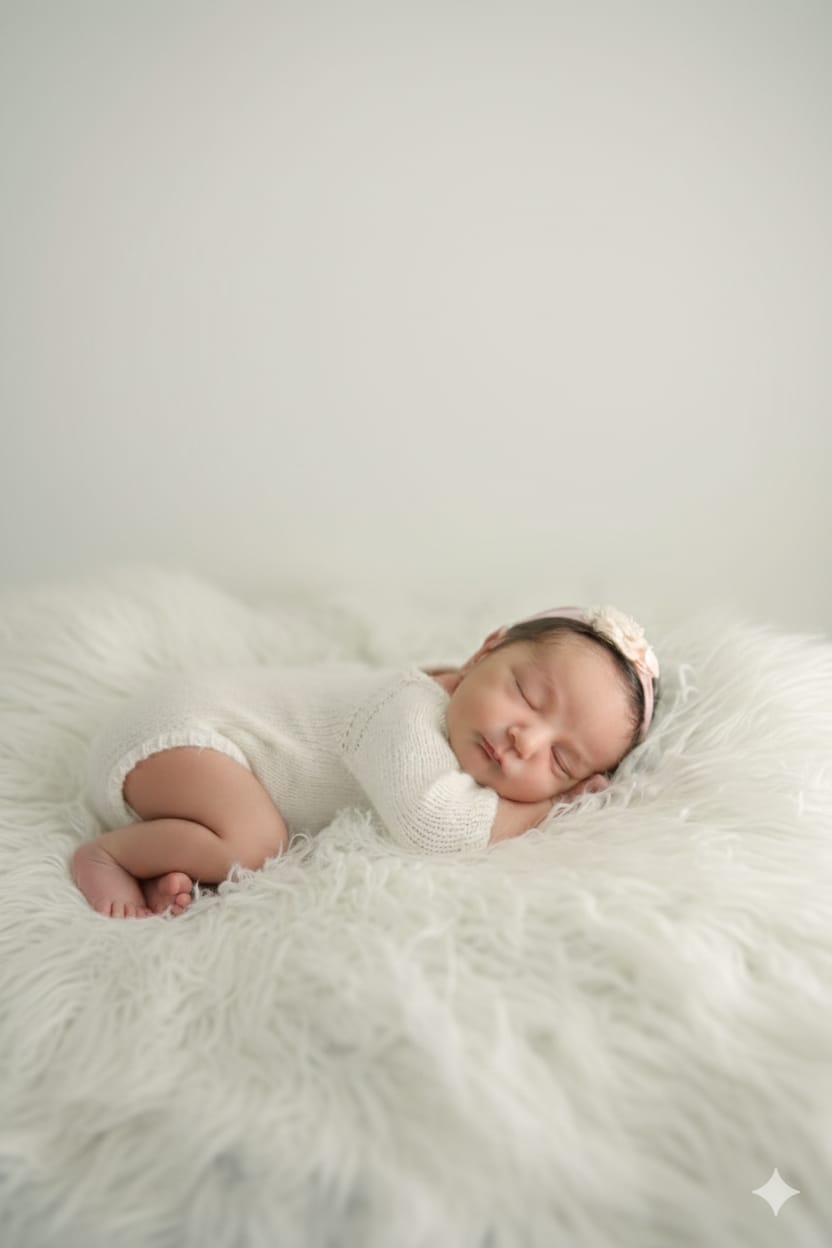 baby Penina in a white onsie on a white fleece and with a headband