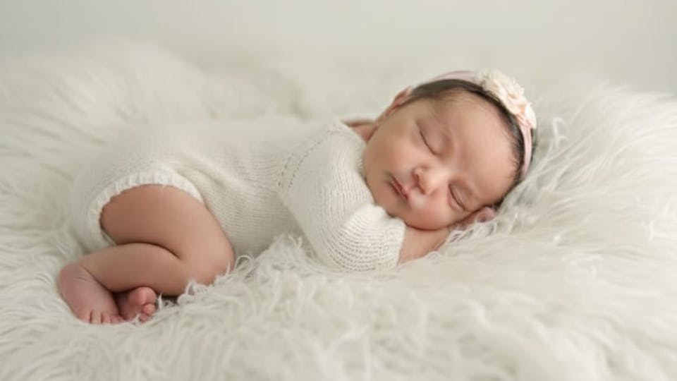 baby Penina in a white onsie on a white fleece and with a headband