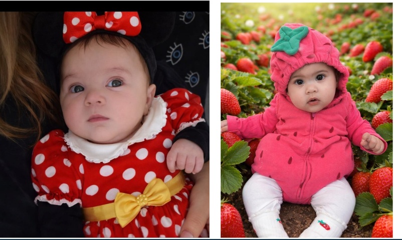 Twee babymeisjes verkleed als Minnie Mouse versus een aardbei voor Poerim.