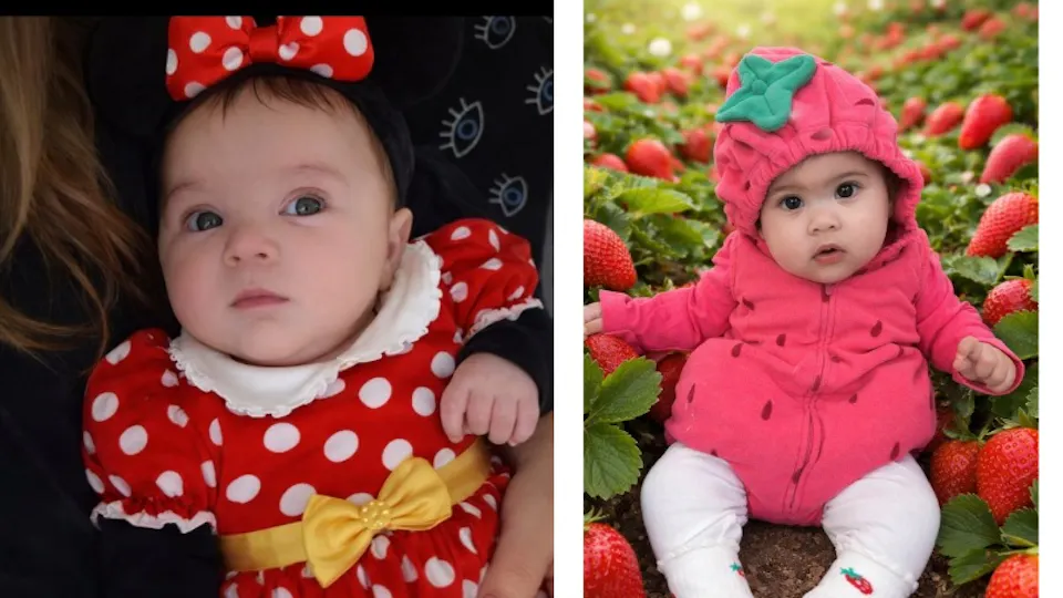 Twee babymeisjes verkleed als Minnie Mouse versus een aardbei voor Poerim.