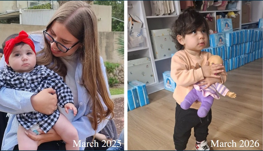 two pictures of Tohar: one of baby Tohar last year, and one of her now at our Be'er Sheva center