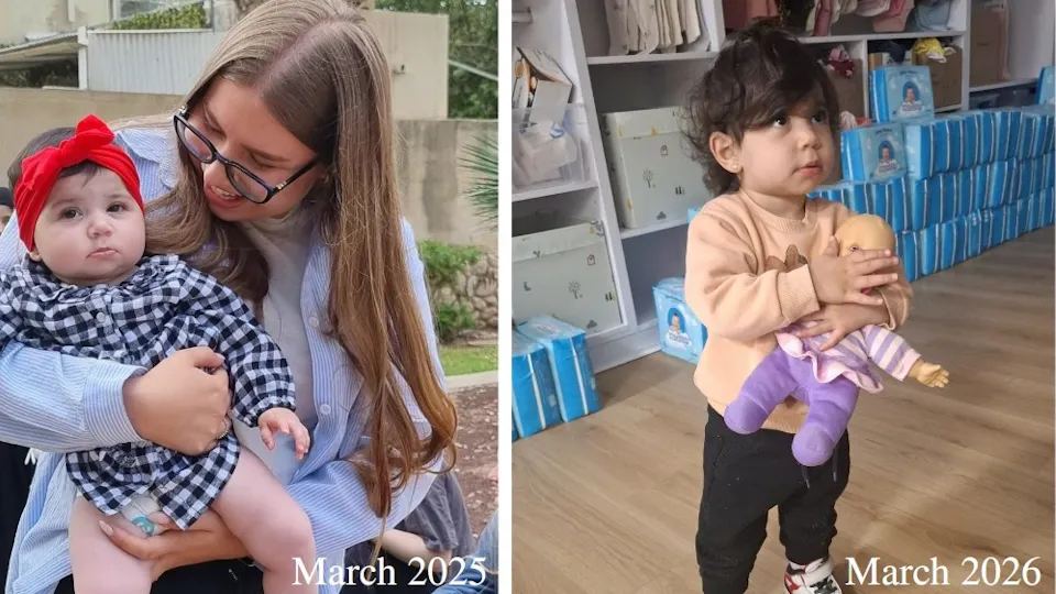 two pictures of Tohar: one of baby Tohar last year, and one of her now at our Be'er Sheva center