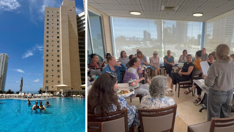 our staff enjoying the pool on the hotel rooftop, and meeting in the dining hall for fellowship