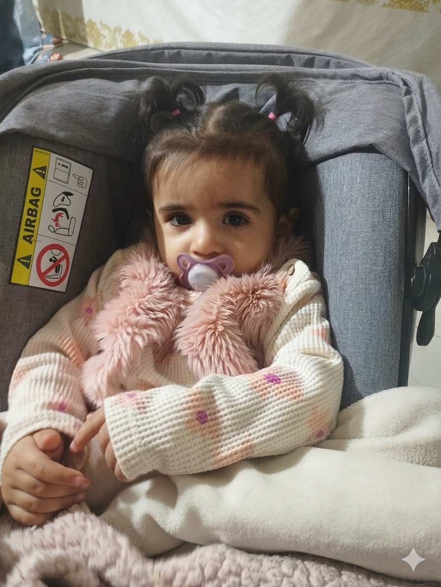 baby hallel in pink clothes, pacifier and a little pigtail in her dark hair, sitting in her car seat