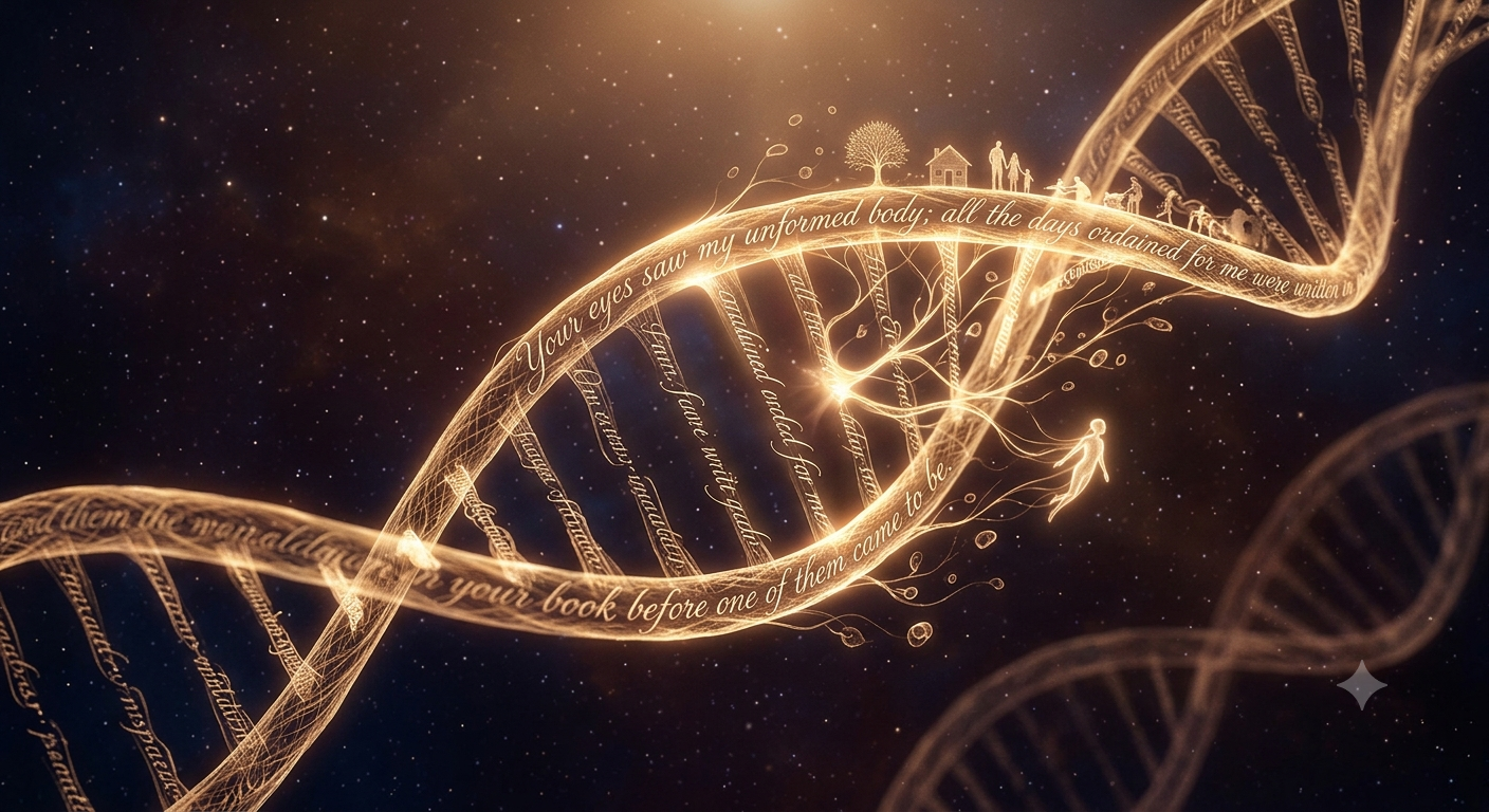 Psalm 139 inscriptie in een verluchte DNA-sequentie met een illustratie van de levensfasen