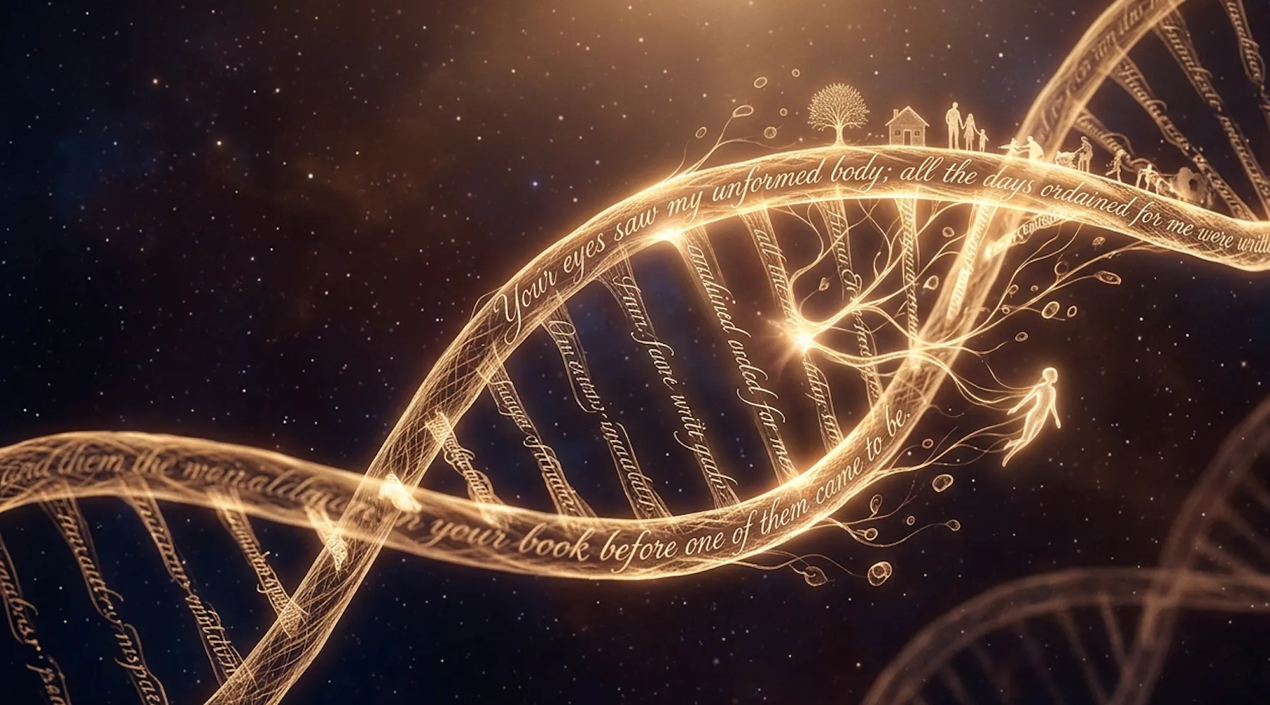 Psalm 139 inscriptie in een verluchte DNA-sequentie met een illustratie van de levensfasen