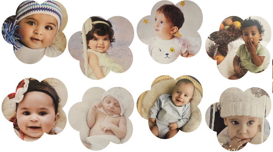 De gezichten van acht van de baby's die Sharon door de jaren heen heeft gered, elk in een bloemvormig lijstje.