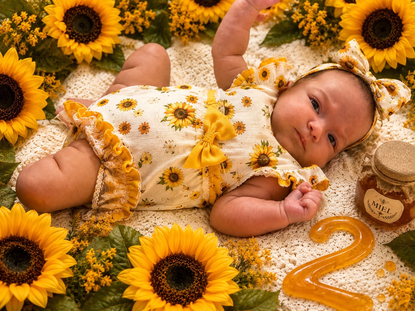Baby Juliette dressed in sunflowers and honey colors