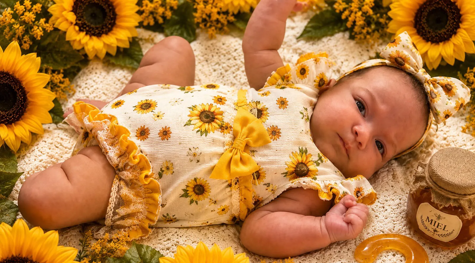 Baby Juliette dressed in sunflowers and honey colors