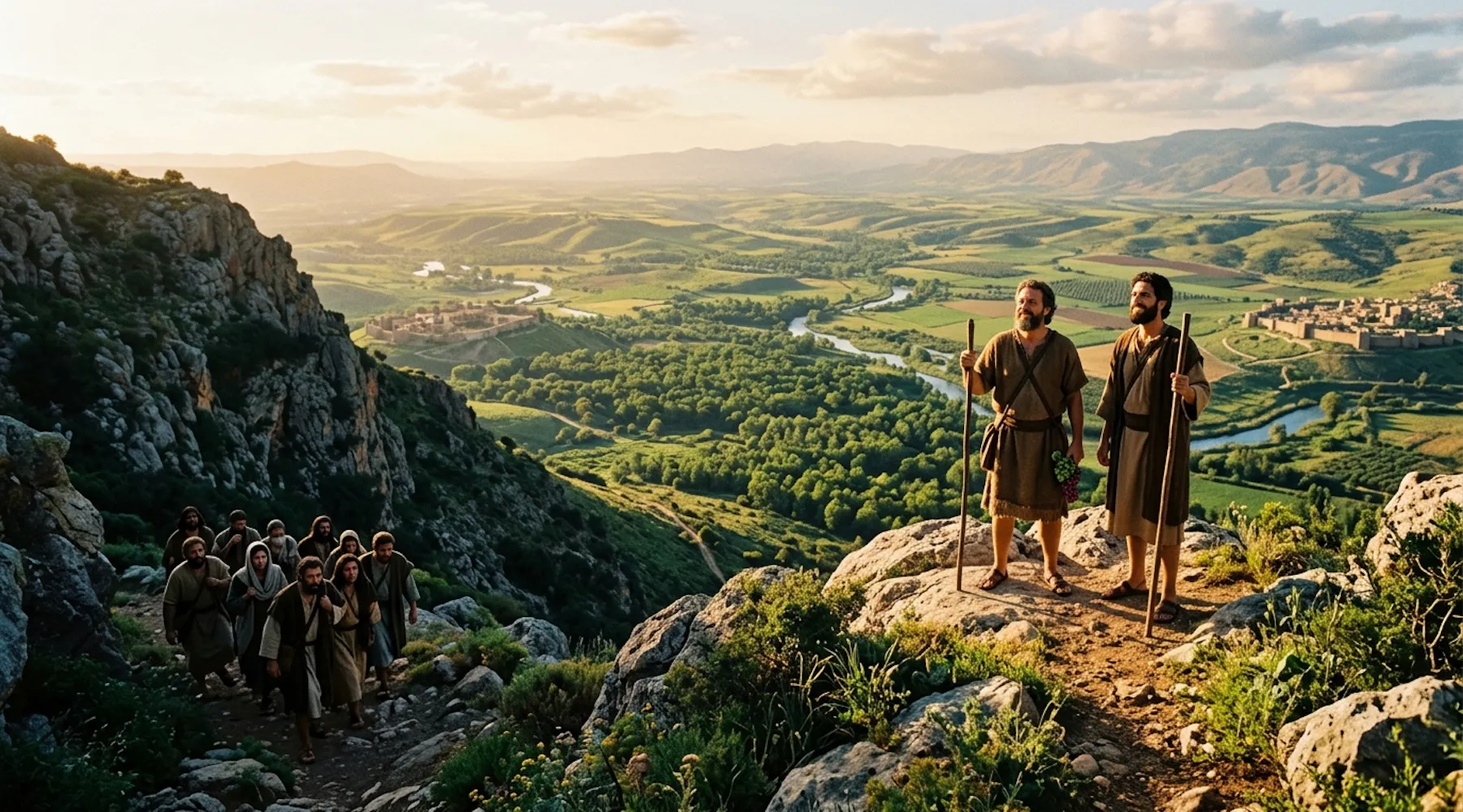 Caleb and Joshua looking out over the land, with the other ten spies down the hill being anxious