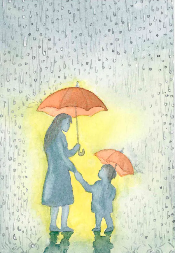 Mère et enfant sous la pluie