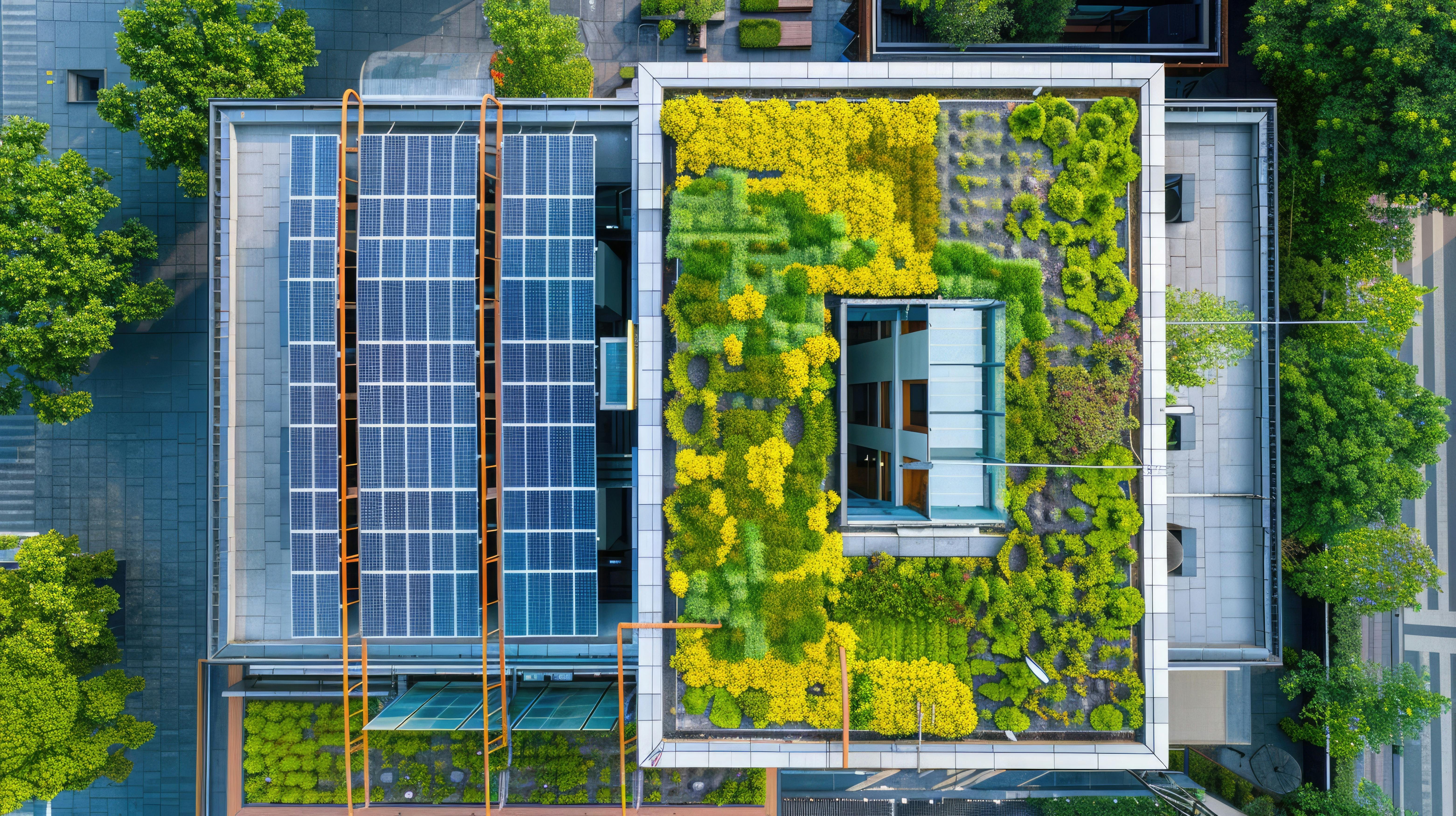 Bâtiment de bureaux moderne et éco-énergétique avec panneaux solaires sur le toit