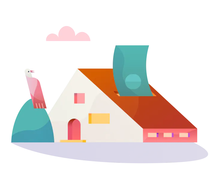 illustration of a house with money coming out of the roof, on a transparent background