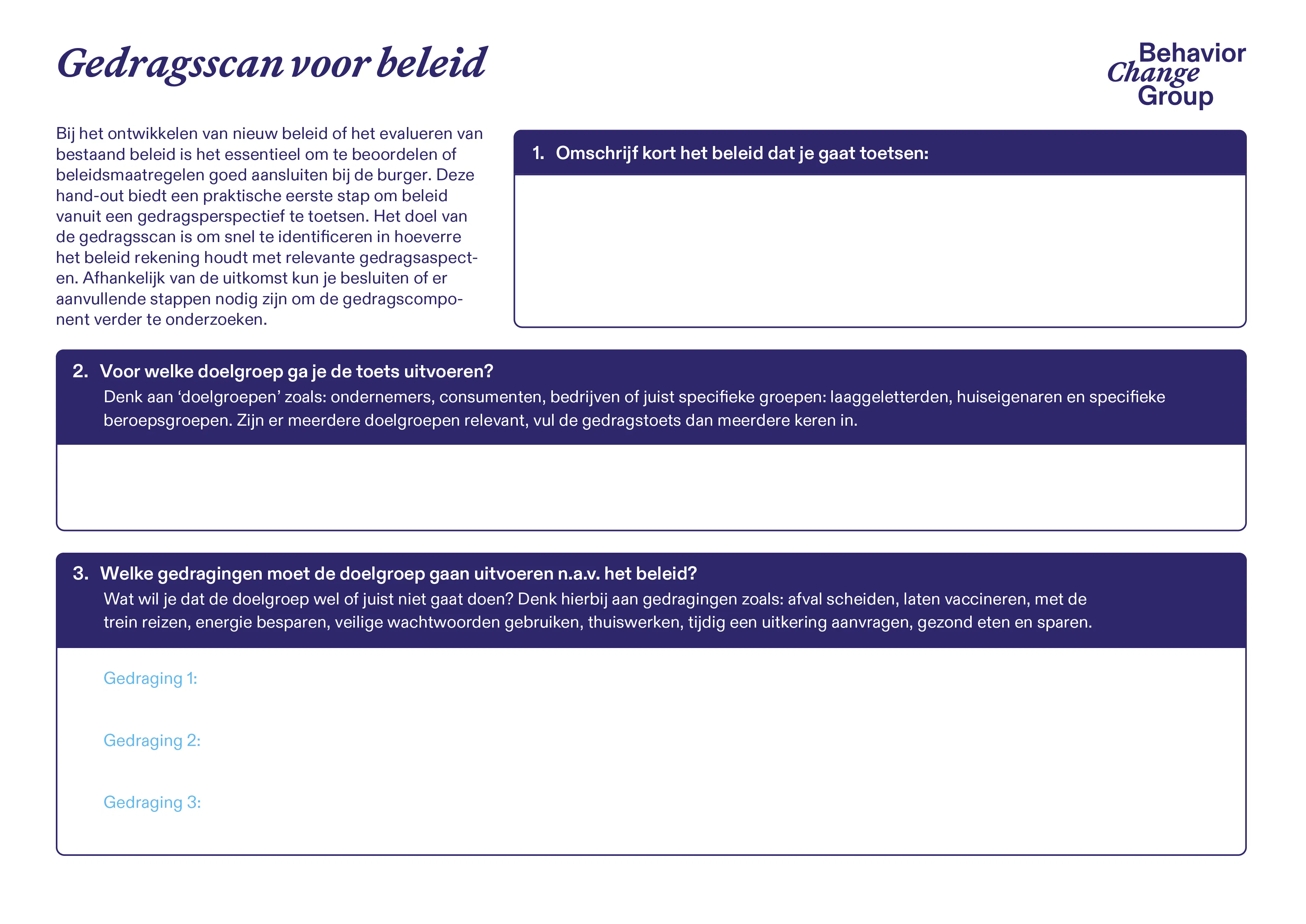 Een van de werkbladen van de gedagsscan voor beleid