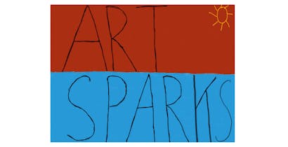 Art Sparks is written on a red and blue background. The word ART is handwritten in black capital letters over a red background in the top half of the image. The word SPARKS is handwritten in black capital letters over a blue background in the bottom half of the image. There is a yellow sun drawn in the upper right hand corner.