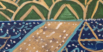 An acrylic painting created by Marika Smart of trees in the shapes of circles and triangles with gold outlines at the top half, the bottom half is dark blue block with light blue and white dots. At the center is a diagonal gold path with white dots decorating it.