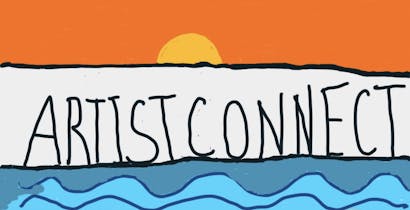 A digital painting with the words Artist Connect written in the centre. The words are written in black handwriting on a white background. Above the words there is an orange sky with a rising yellow sun. There are blue curving waves under the words. Under the waves there is a beach painted with brown circles.