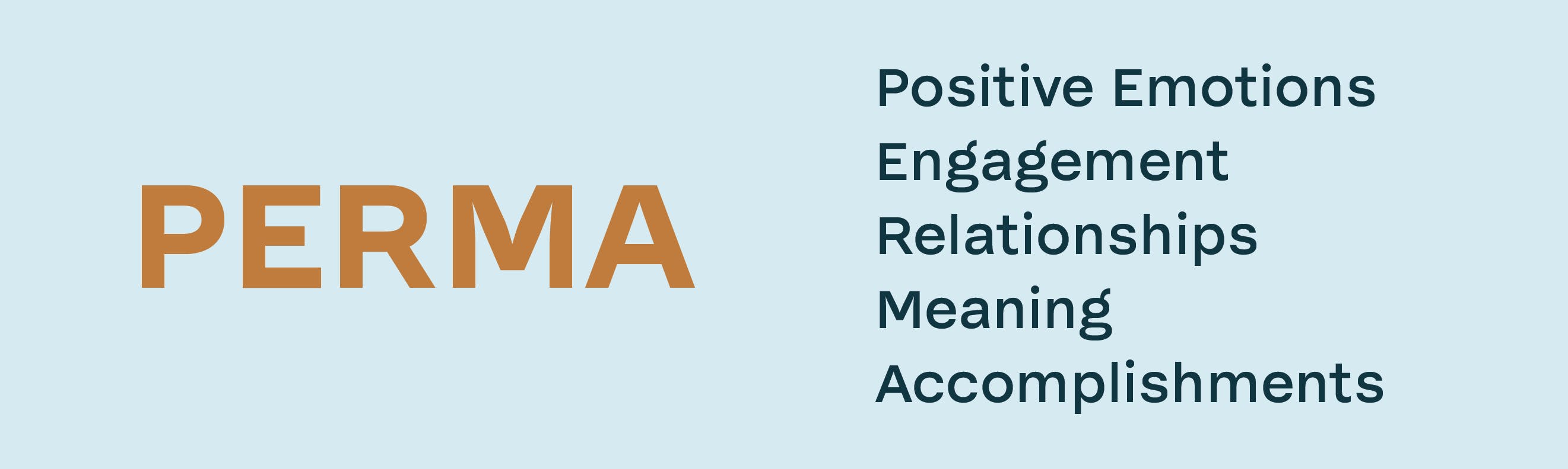 PERMA Model includes positive emotions, engagement, relationships, meaning, and accomplishments.