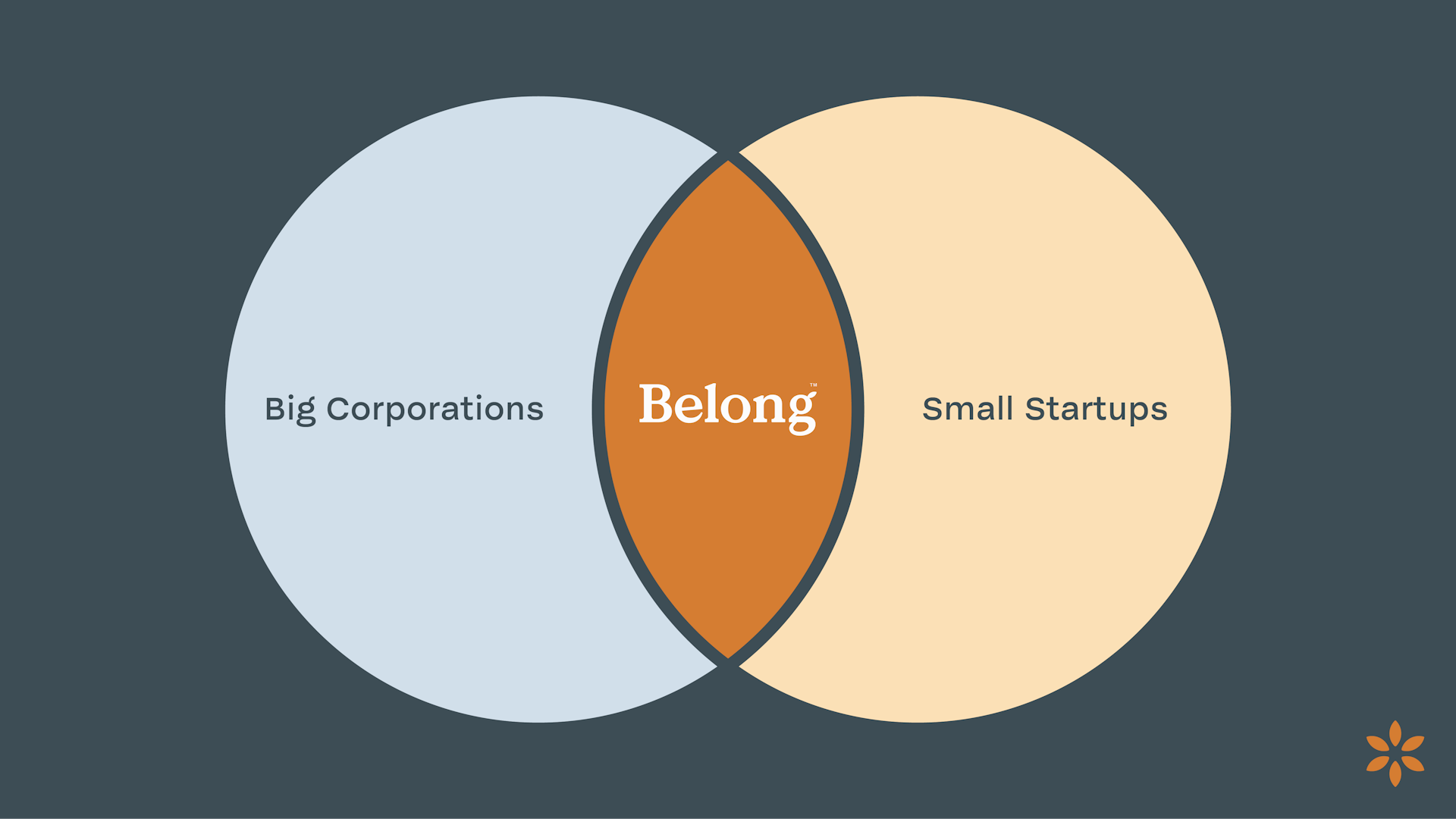 Venn diagram of Belong in the overlap of 'Big Corporations' and 'Small Startups'