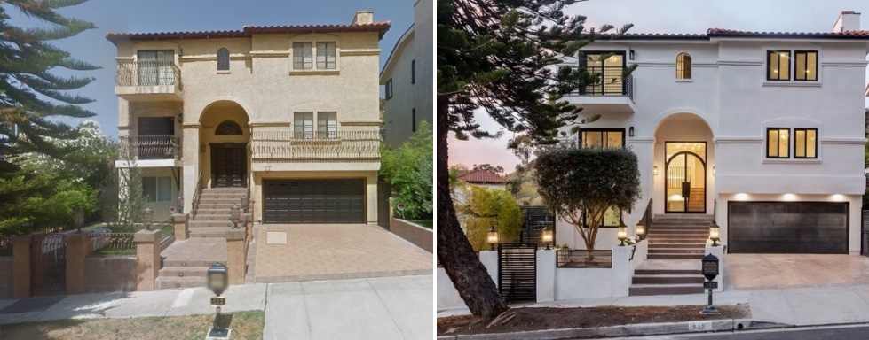 A before and after photo of an exterior renovation completed by Belong Pros, with a new door and modern and fresh paint colours and stucco