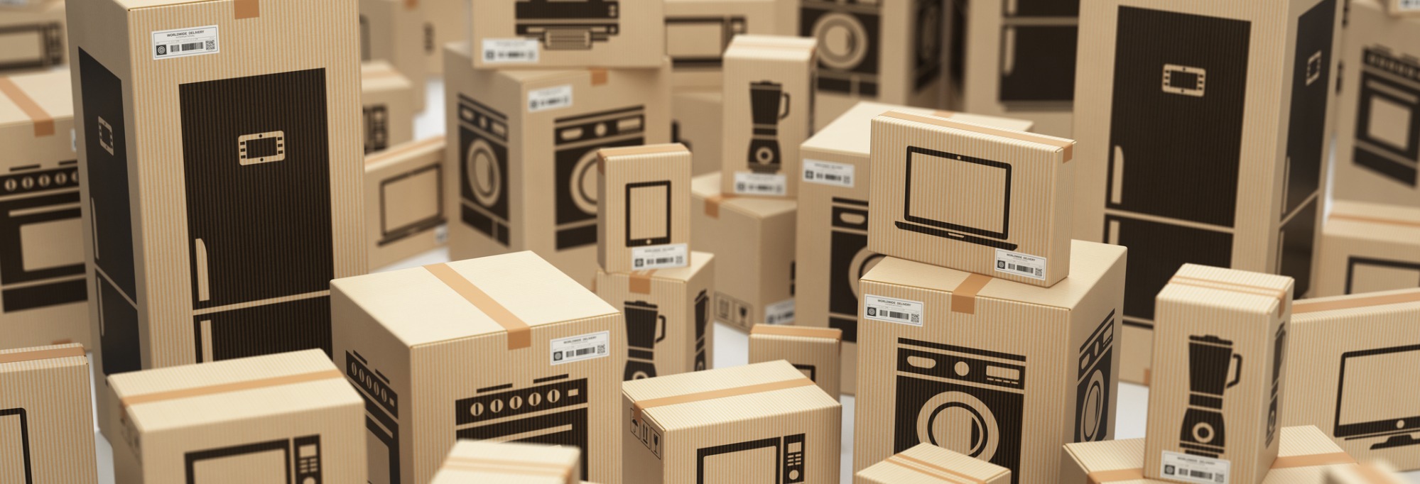 A room full of home appliance boxes including fridges and blenders, Black Friday sales