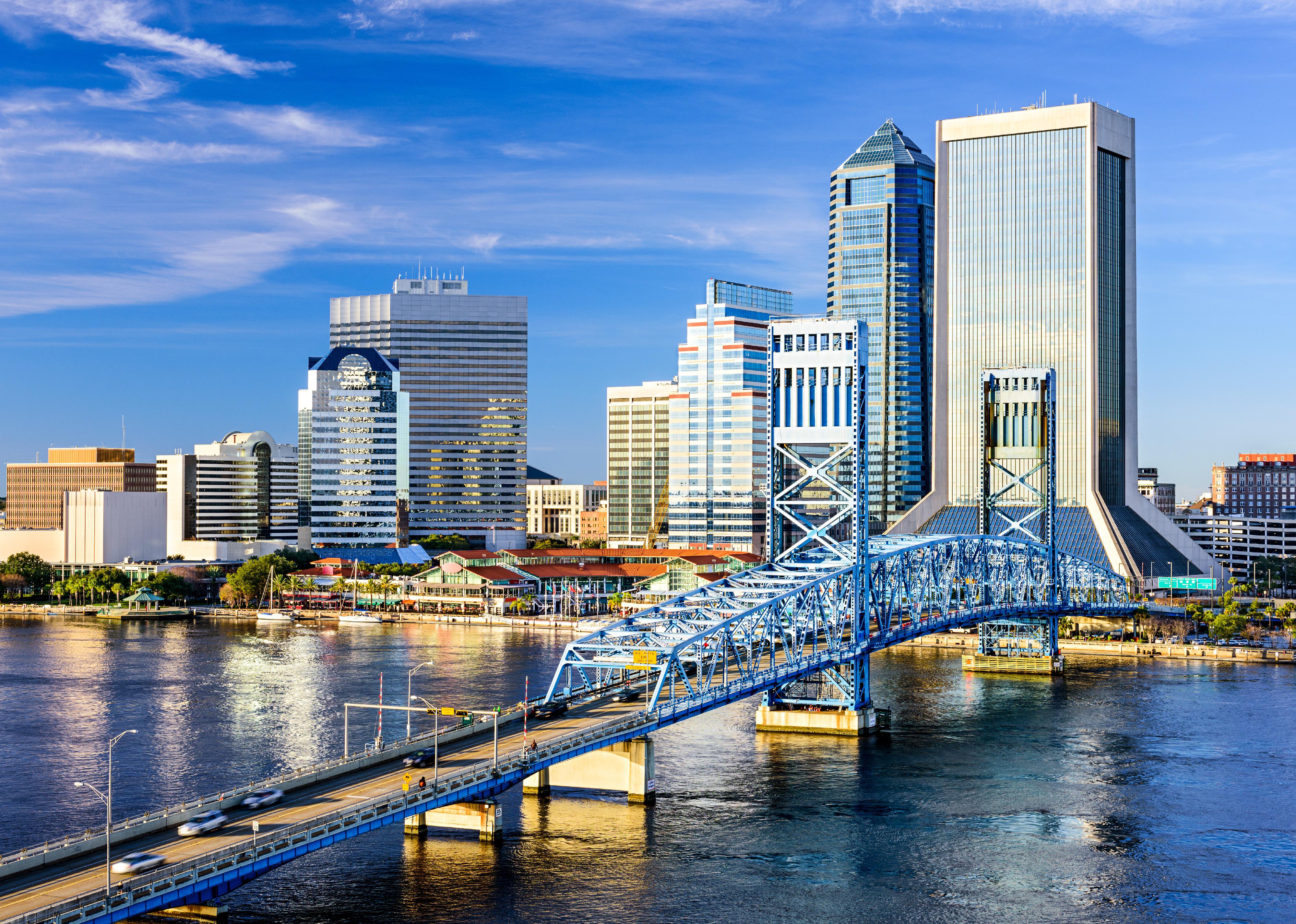 A photo of Jacksonville, Florida with the marina and bridge