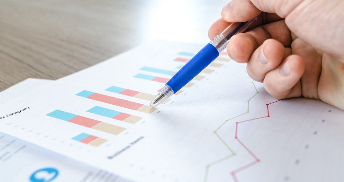 An image depicting bar graphs and charts with a pen taking notes. Learn more about pro forma reports in real estate.