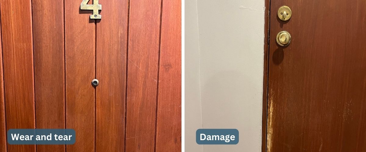 Two front door images of a rental home: One with light wear and tear, the other with damage from a pet scratching the frame