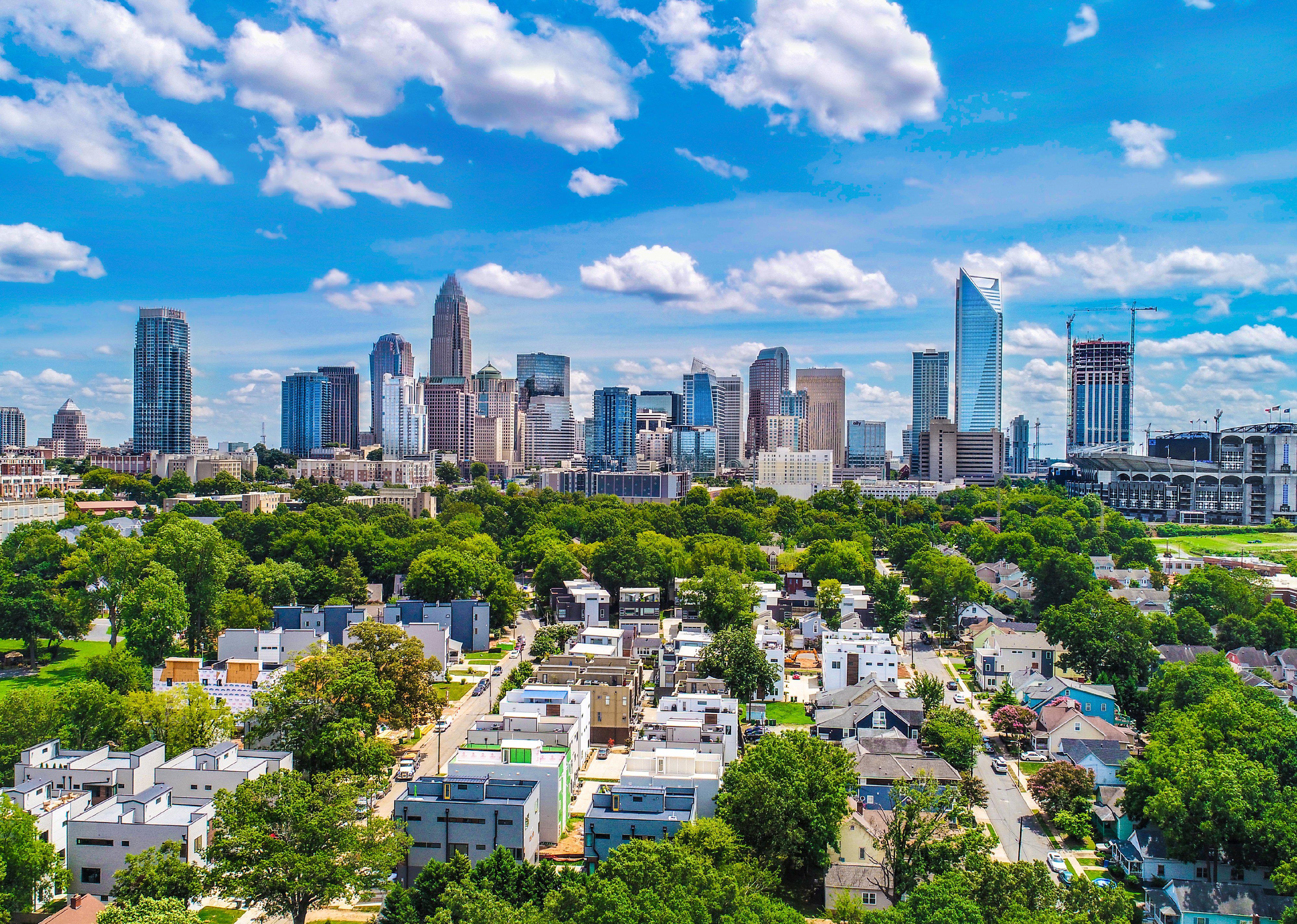 A photo of the Charlotte skyline in North Carolina on a sunny day