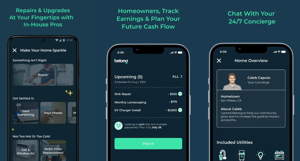 Screenshots of the Belong app, displaying functions such as requesting professional repairs and upgrades, track rental earnings and future cash flow, and chat to 24/ 7 concierge.