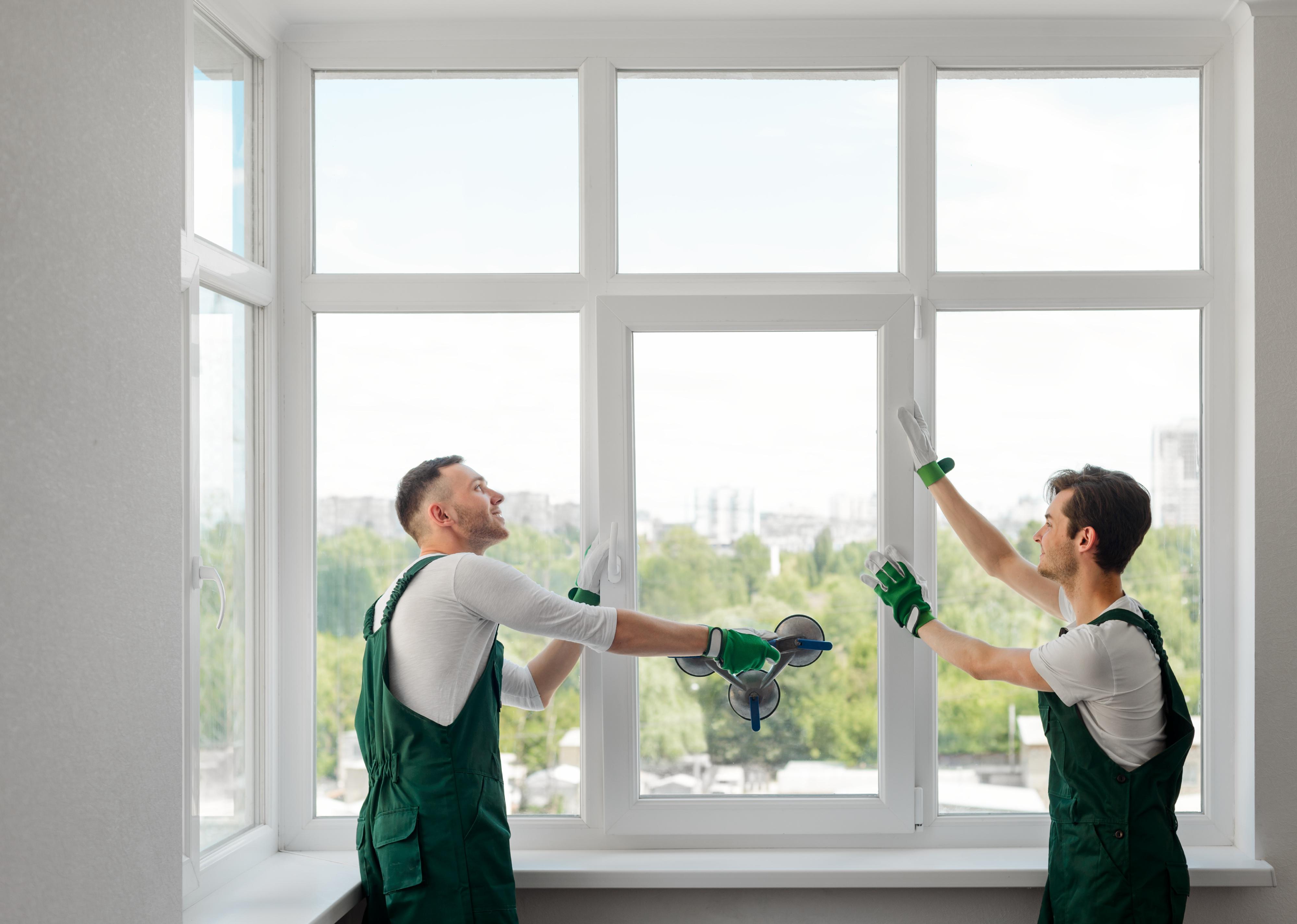 Two glaziers in green overalls and gloves replace windows in a home