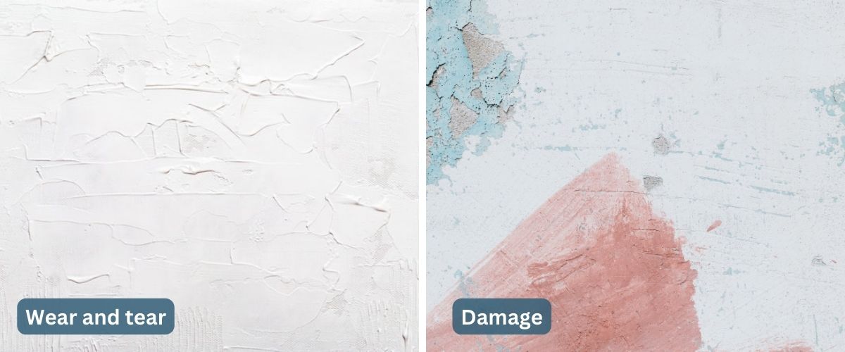 Two images of walls in a rental home side by side for comparison, to show wear and tear vs tenant damage. One is cracked the other has paint colors and damage.