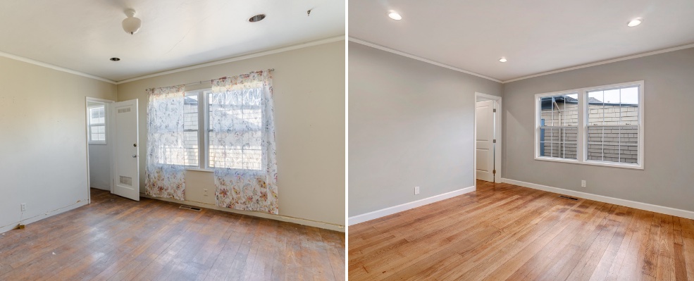A before and after shot of an old bedroom, transformed by Belong Pros with fresh paint, light fixtures and window treatment