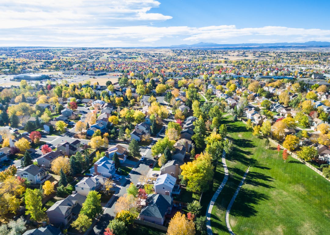 A birds eye view of many homes in a lush green neighborhood on a clear day