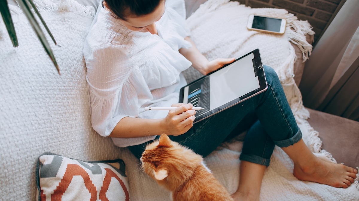 A young graphic designer works remotely from home on an ipad with her cat by her side