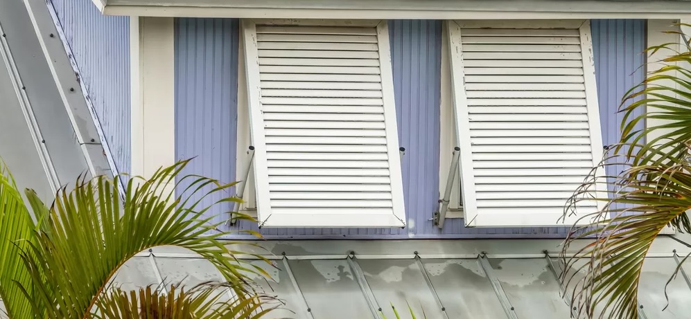 Hurricane shutters protect a Florida home