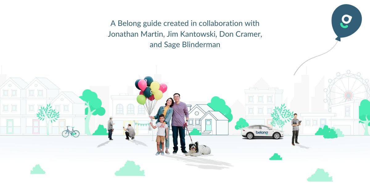 Two parents with a child and dog hold a bunch of balloons, surrounded by Belong professionals, with text about an ebook on Renting vs Selling your home. 