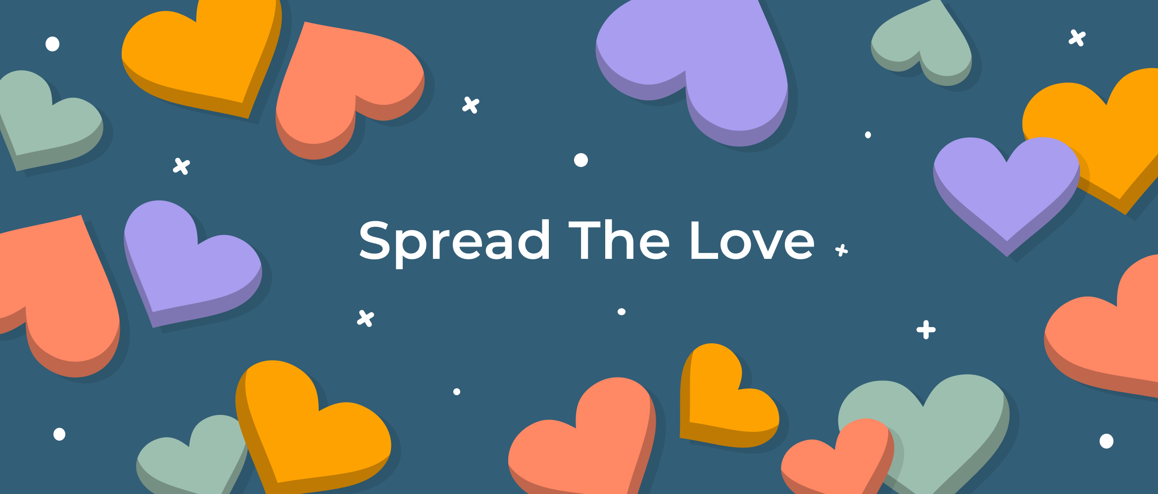 The words 'Spread The Love' are shown on a dark blue-teal background with purple, red, yellow and green hearts and white stars. 