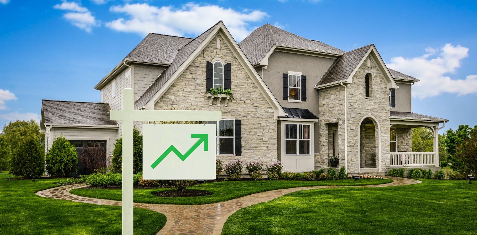 A home with a sign out the front that displays an upward-heading arrow, signifying growth. Learn how to be an ethical landlord with six tips. 