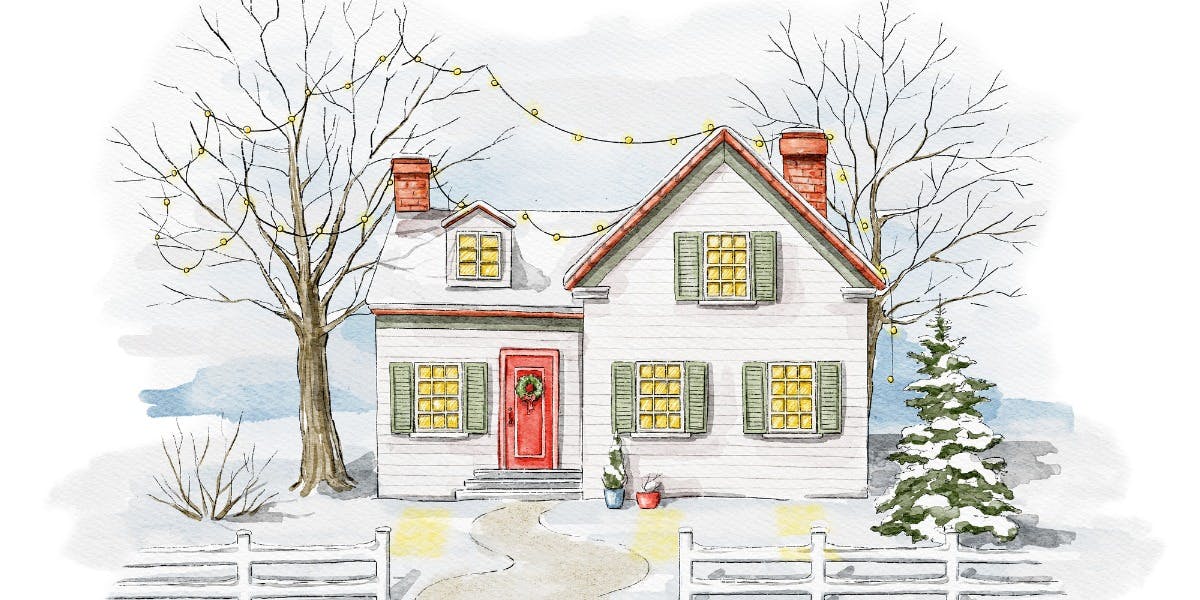 A portrait of a white home with a red door, in winter, with snow-covered trees