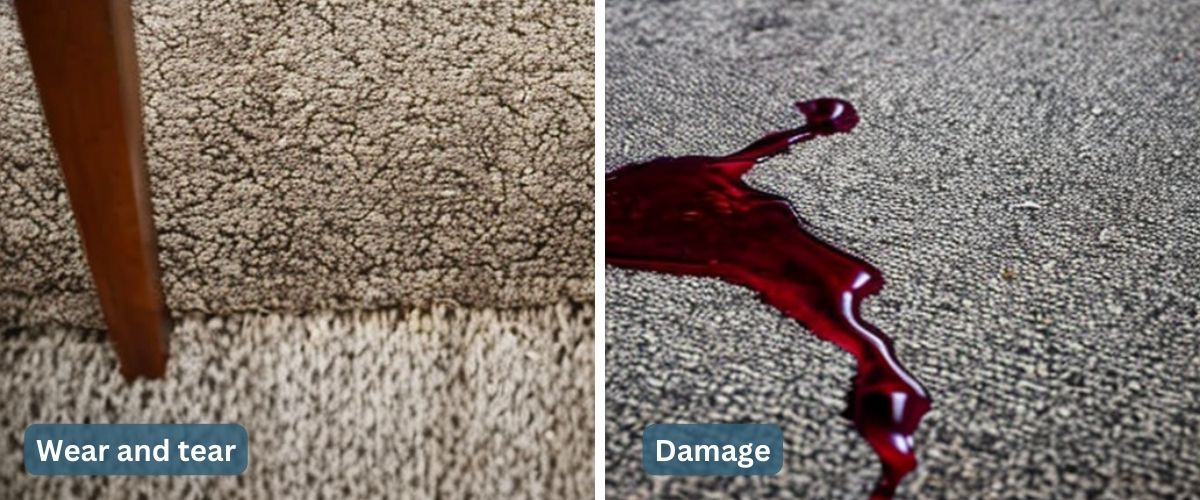 Two comparison photos: Natural wear and tear on a rental home carpet vs. a red wine spill on carpet