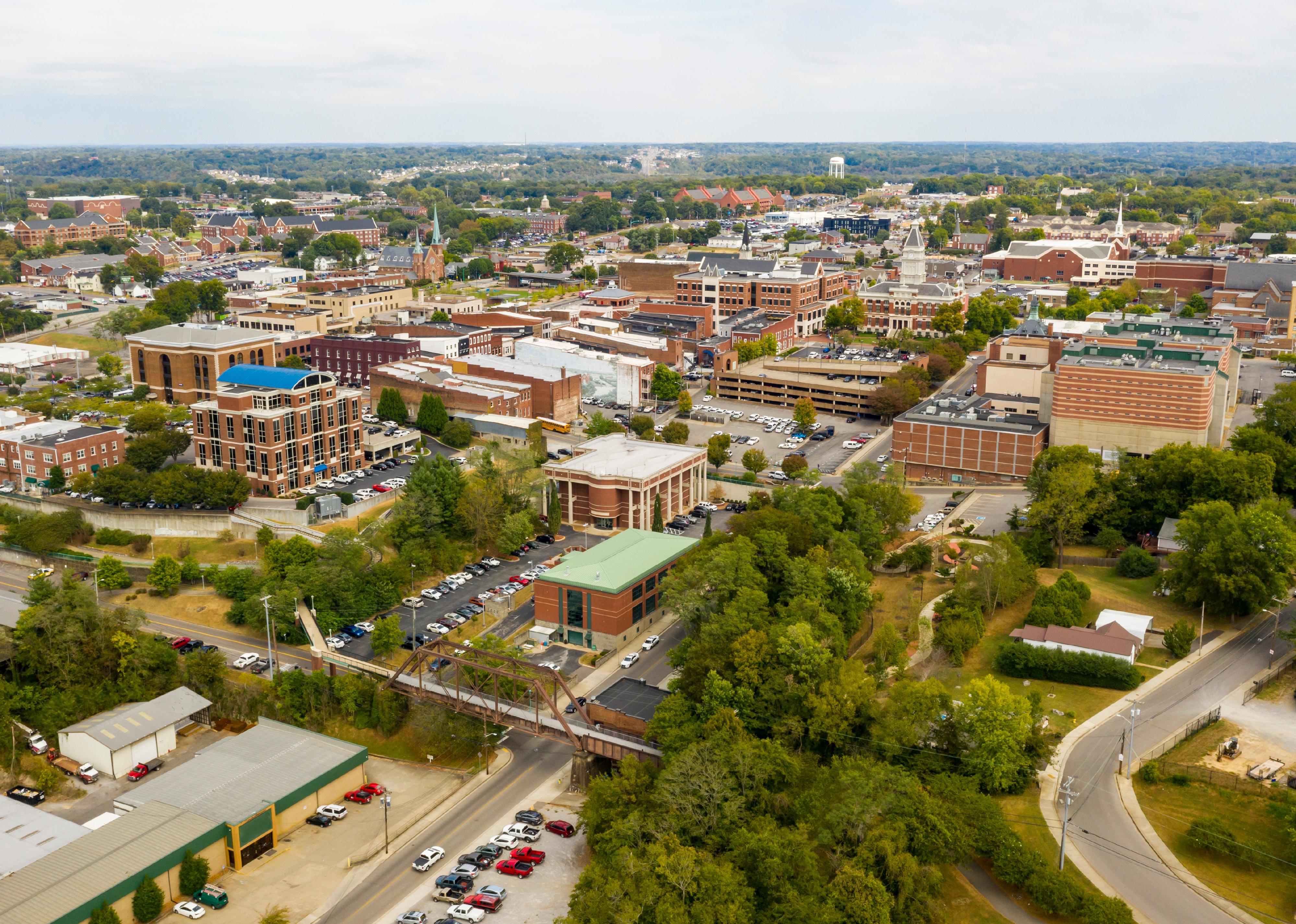 An aerial shot of Clarksville, Tennessee