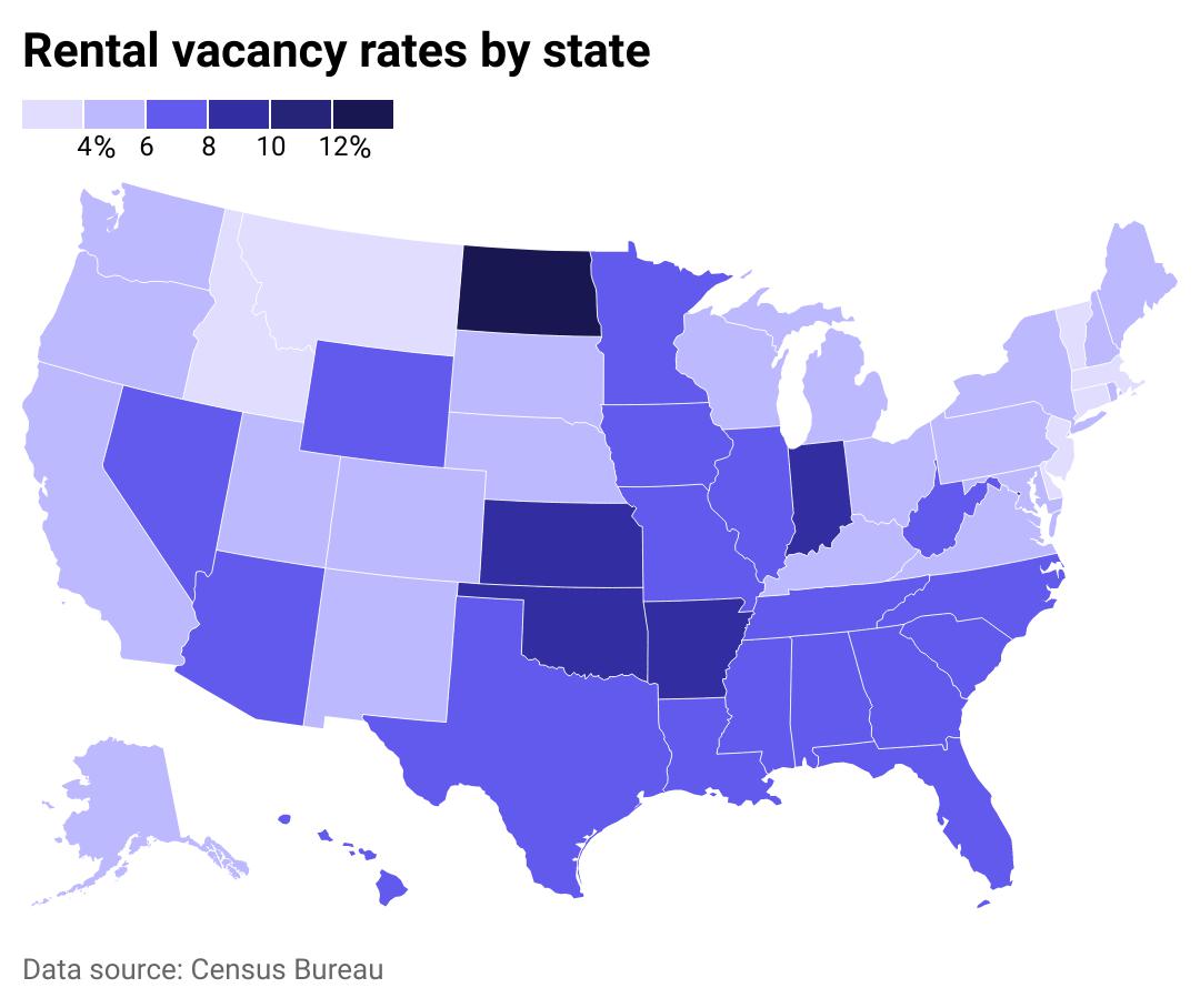 A purple and white graph depicting the US, highlighting rental vacancy by state