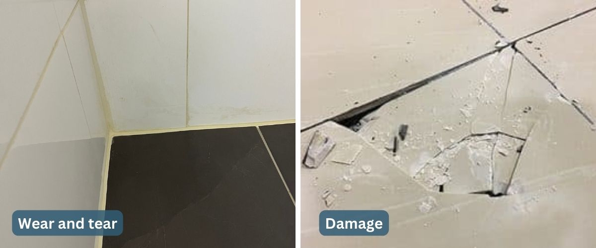 Bathroom tile comparison depicting rental home wear and tear (aging and discoloration) vs damage (cracked tiles)