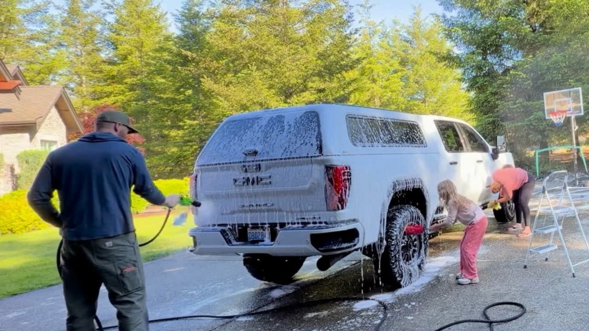 spraying truck with foam soap