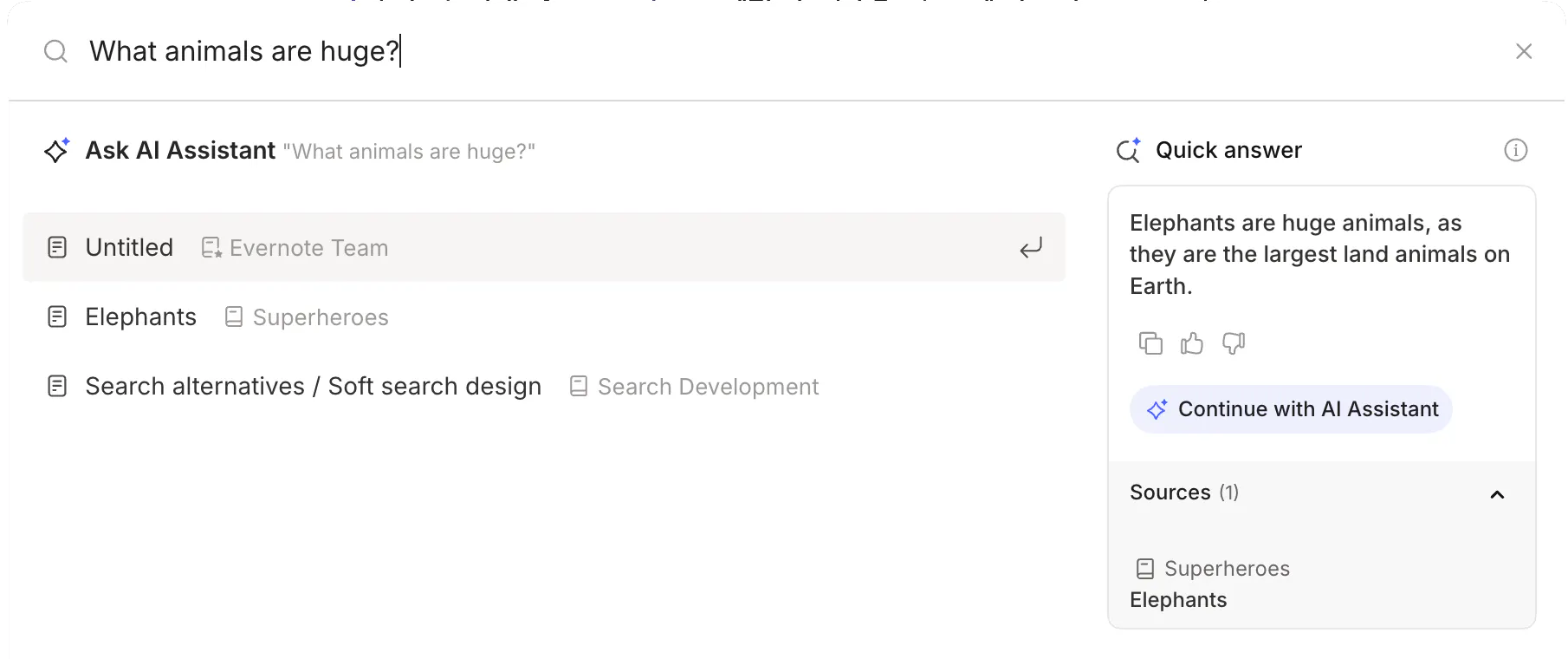 Evernote Quick Answer feature showing an LLM-generated answer to a search query