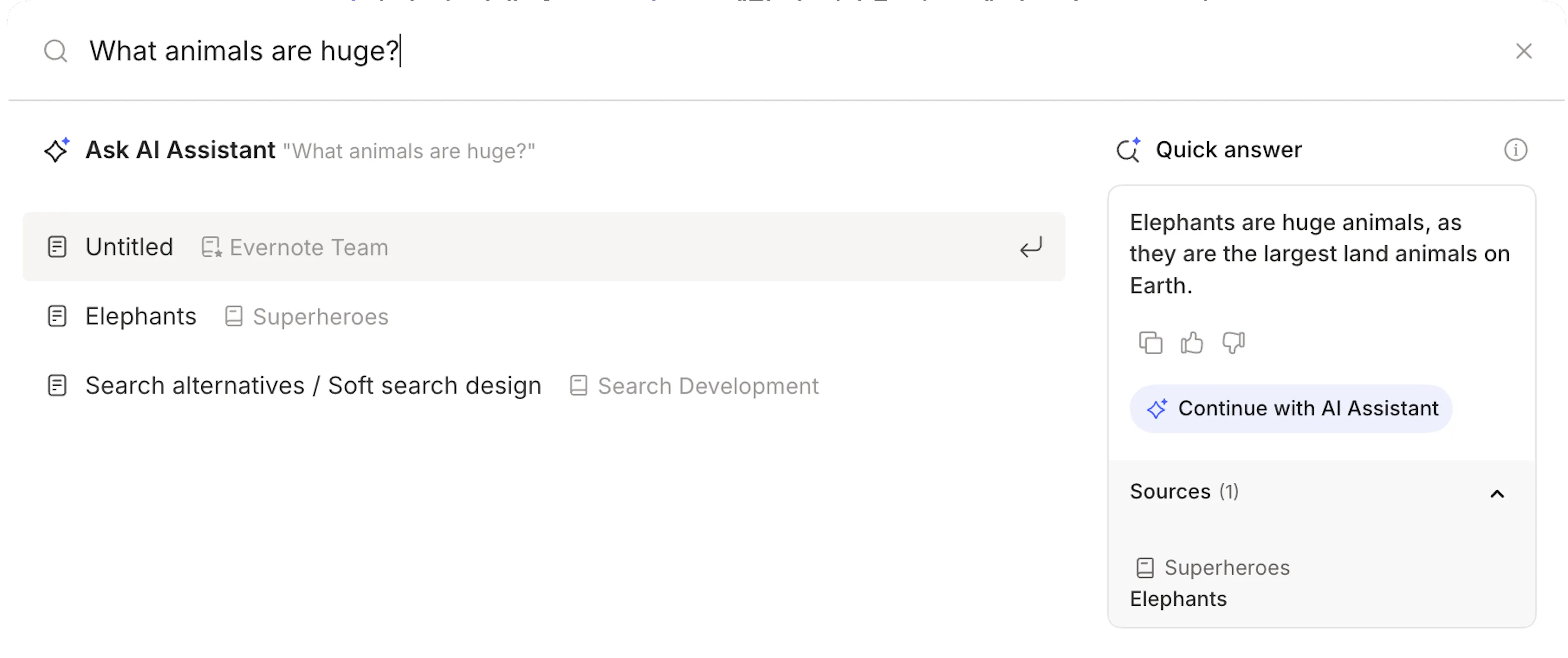 Evernote Quick Answer feature showing an LLM-generated answer to a search query