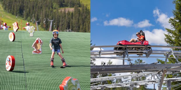 Bilden är delad i två, vänstra bilden visar ett barn som åker skidor nerför backen under sommaren på konstgjort underlag i Sälen. Högra bilden visar en person som sitter i en bergsbana.