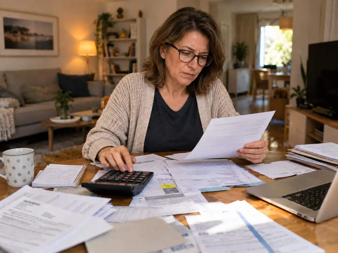 Aidante familiale préparant le compte rendu de gestion de son proche avec ses relevés et factures